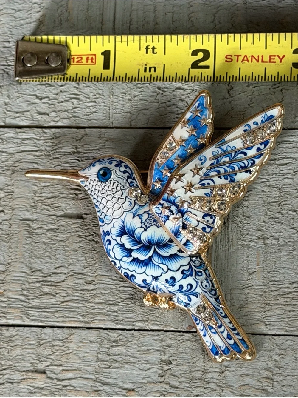 Hummingbird Brooch, Blue & White Ceramic